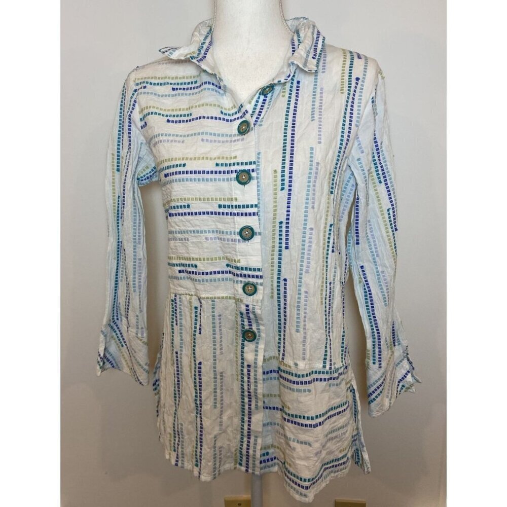 Habitat Blouse Shirt Crinkle Wire Collar White Blue Green Stripe XS